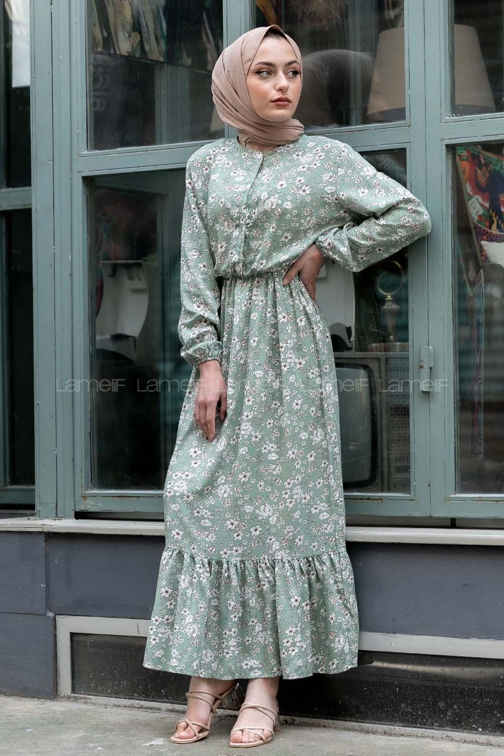 Modalamelif Beli Lastikli Papatya Desen Elbise Çağla