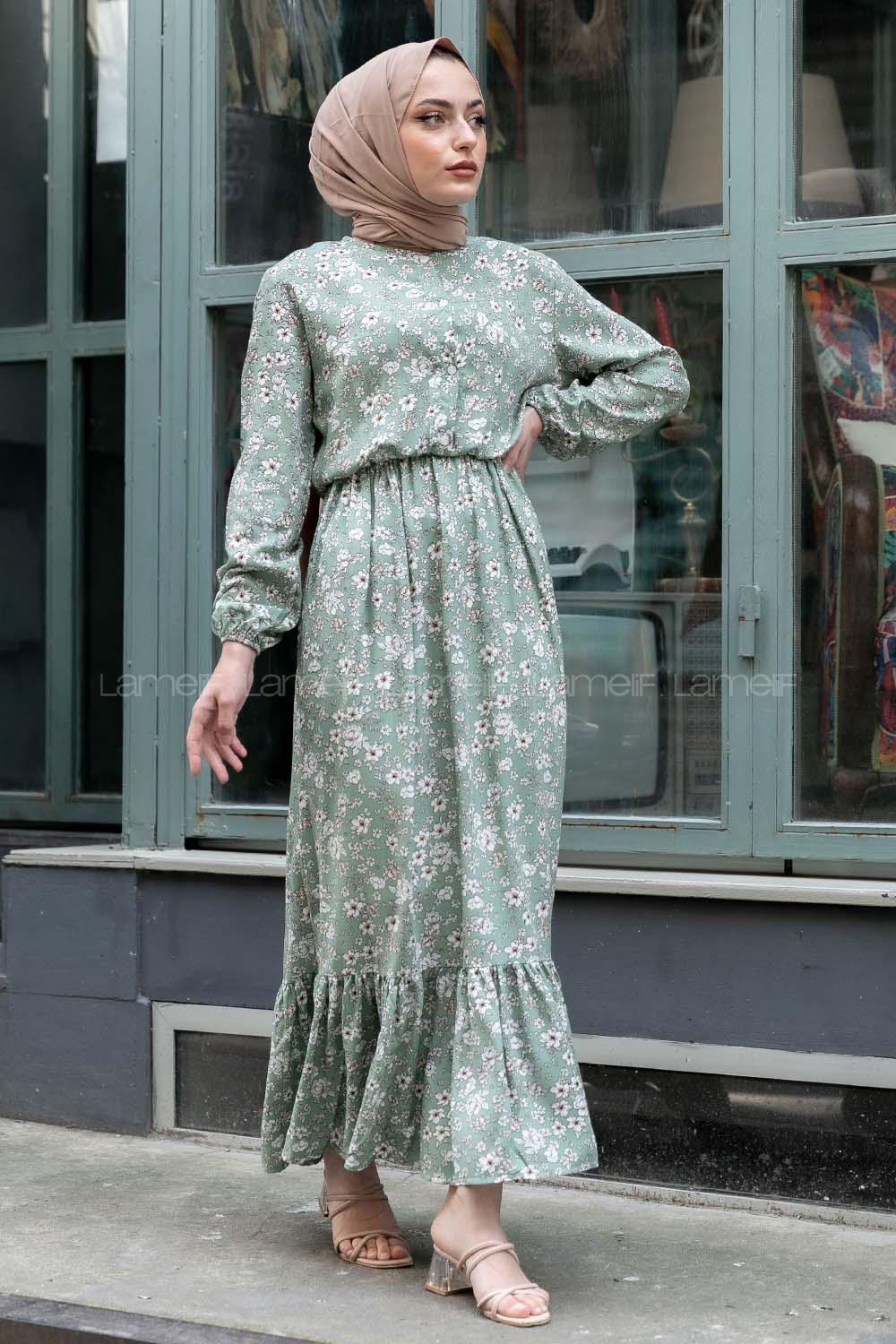 Modalamelif Beli Lastikli Papatya Desen Elbise Çağla