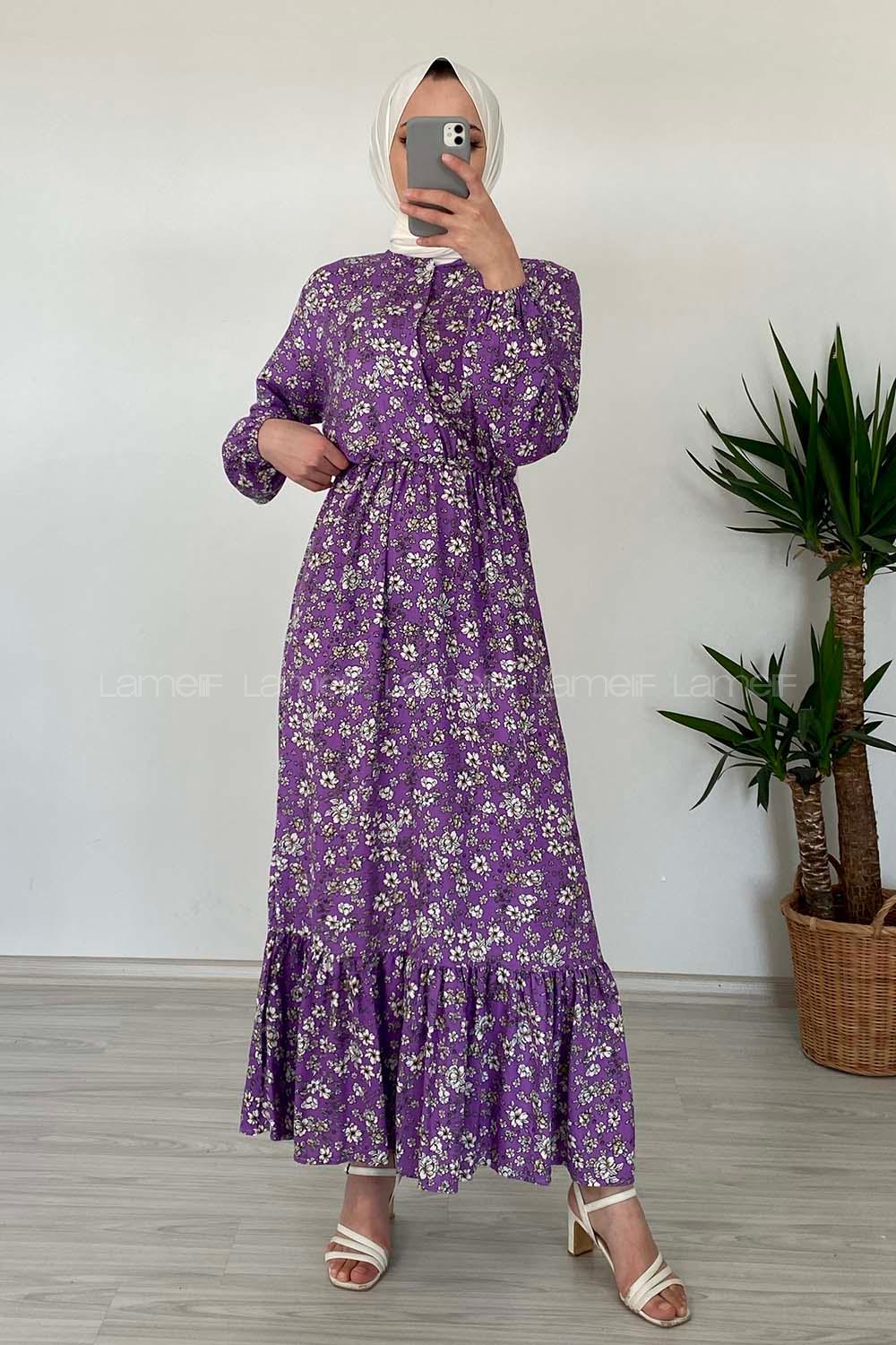 Modalamelif Beli Lastikli Papatya Desen Elbise Eflatun