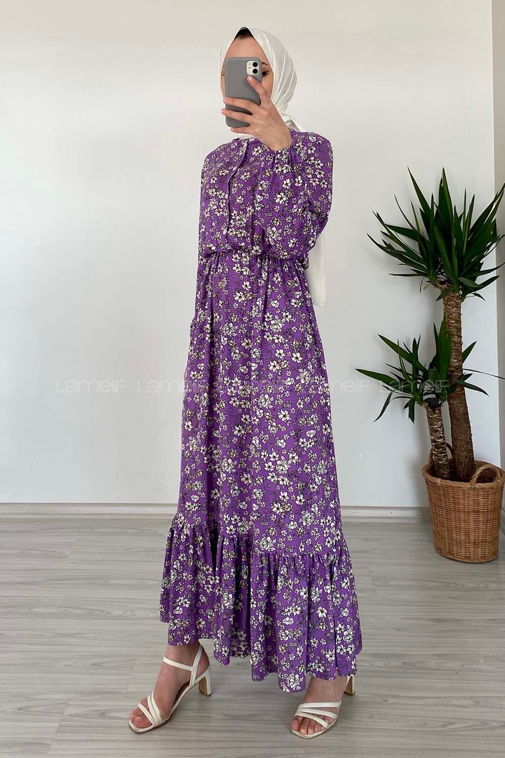 Modalamelif Beli Lastikli Papatya Desen Elbise Eflatun