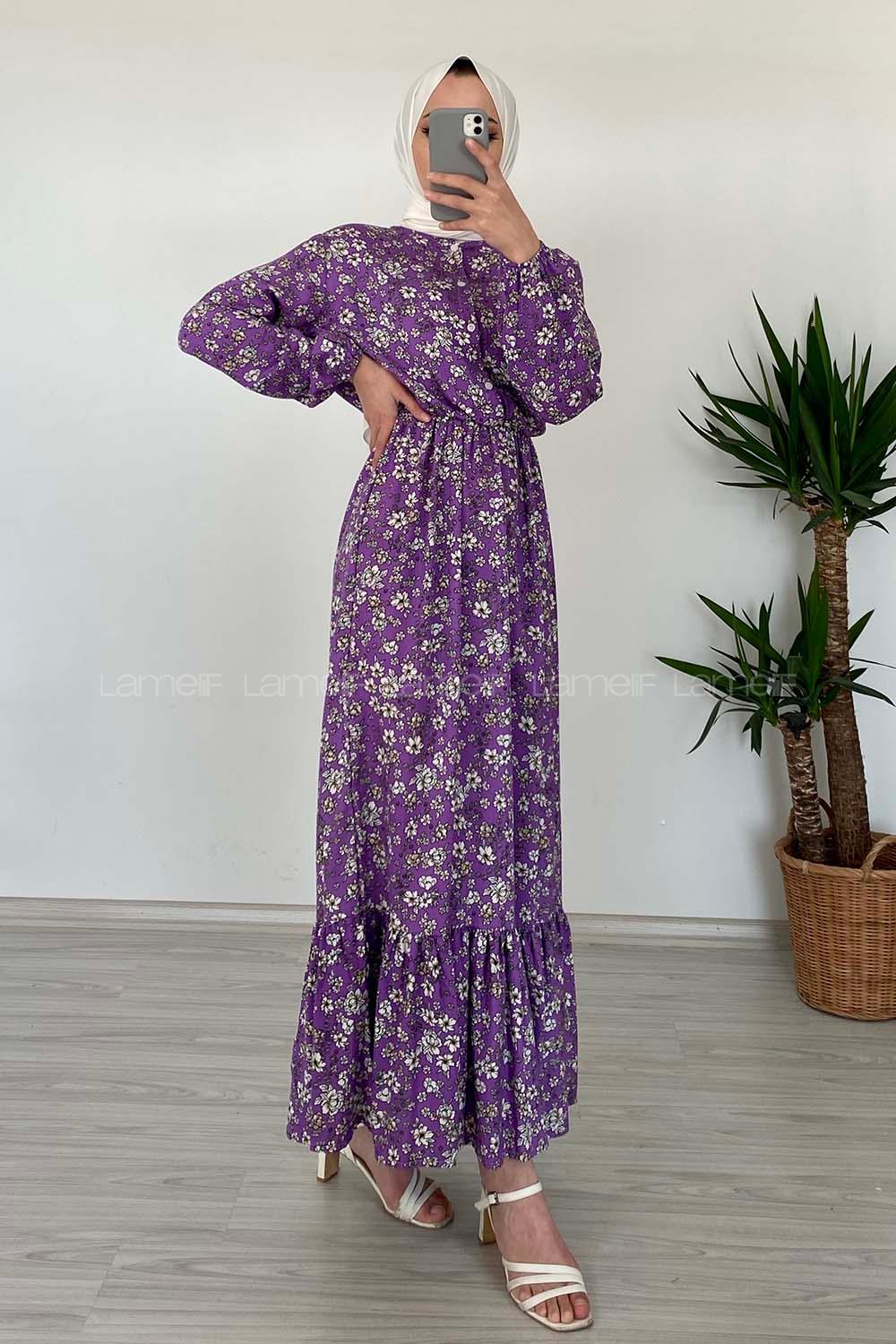 Modalamelif Beli Lastikli Papatya Desen Elbise Eflatun