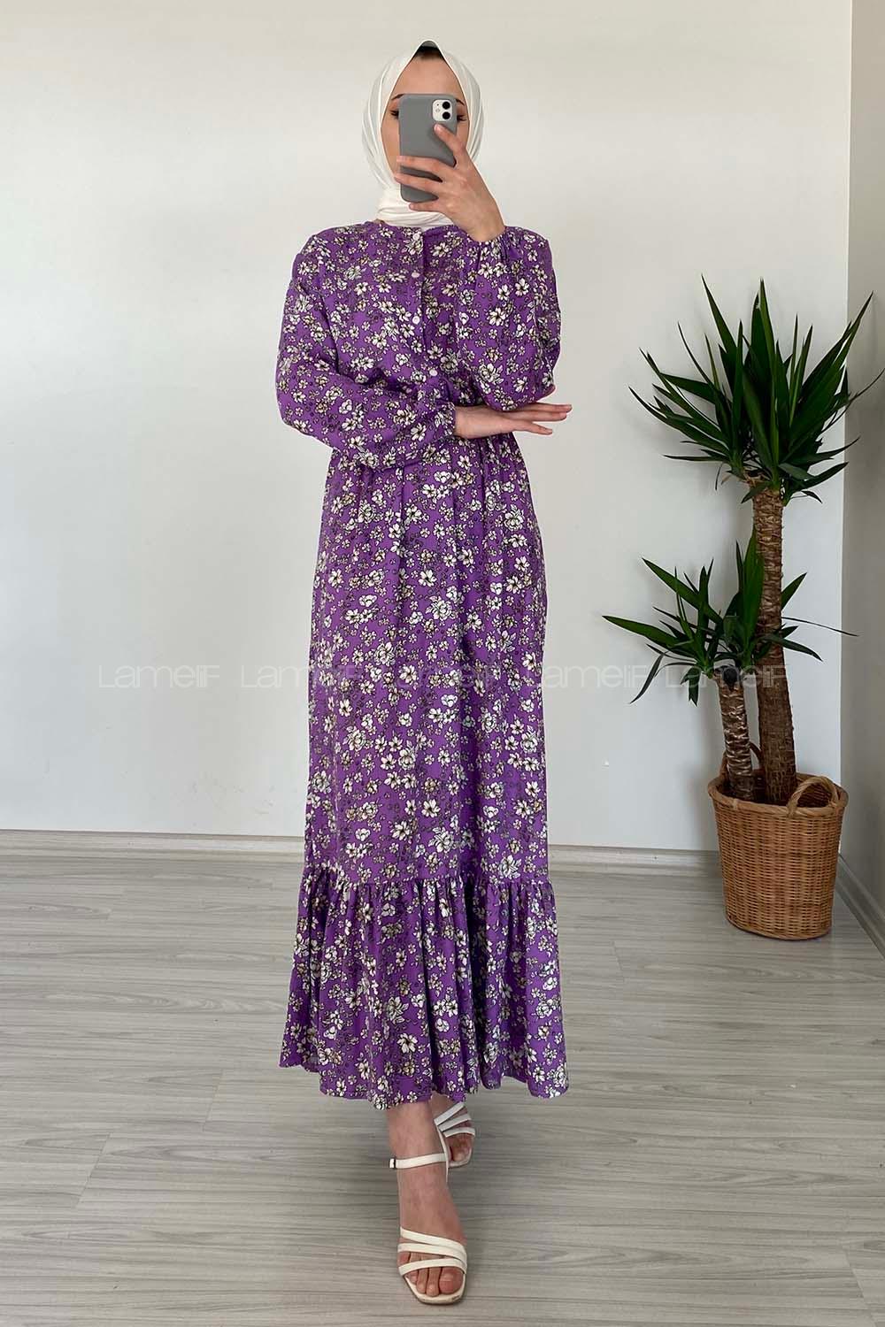 Modalamelif Beli Lastikli Papatya Desen Elbise Eflatun