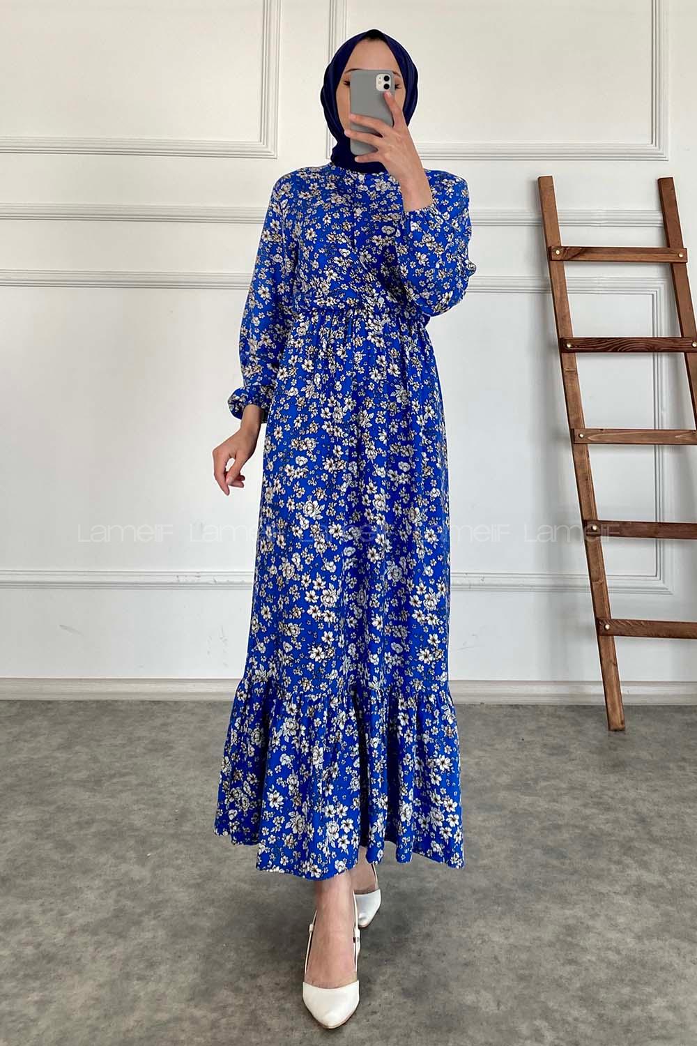 Modalamelif Beli Lastikli Papatya Desen Elbise Mavi