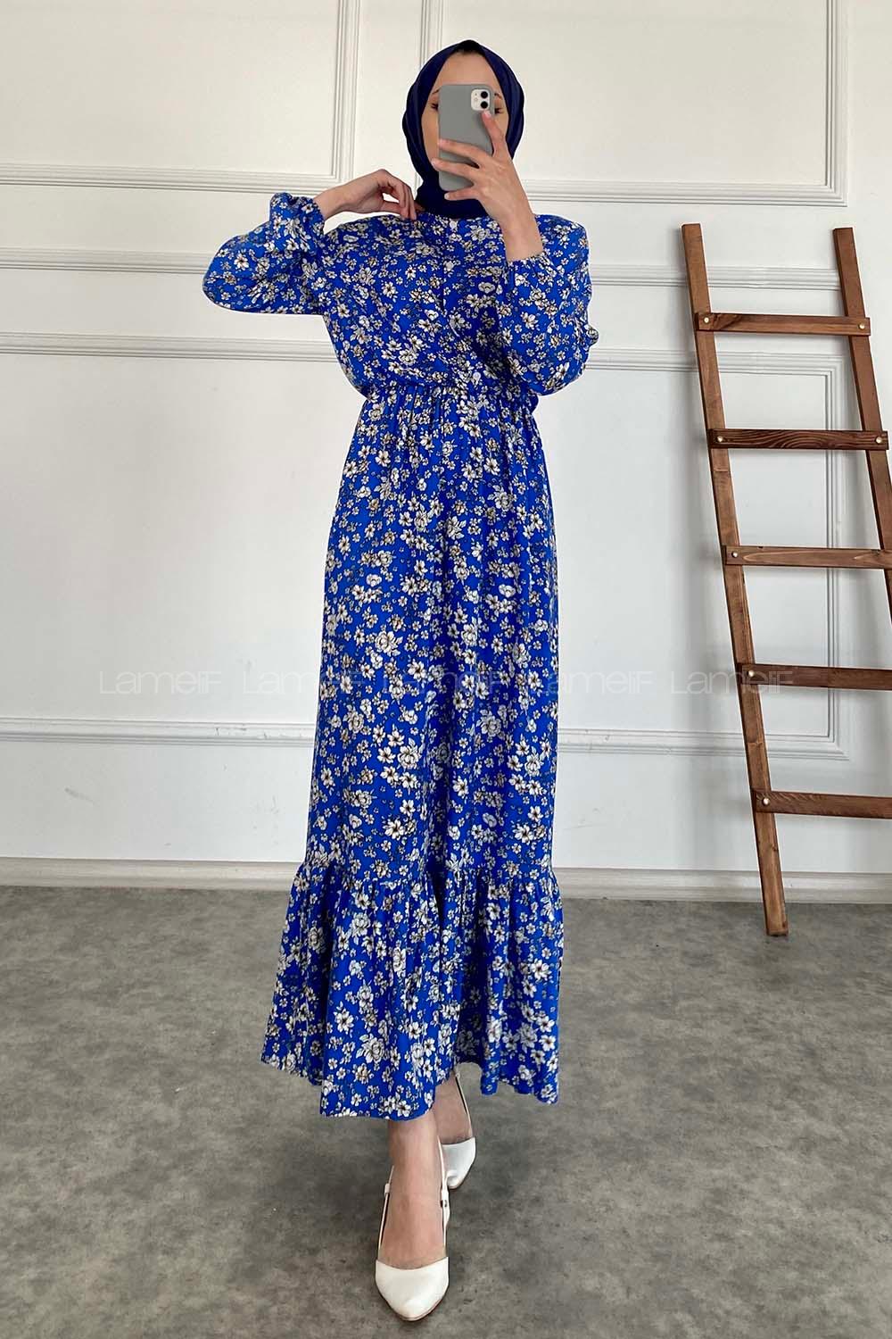 Modalamelif Beli Lastikli Papatya Desen Elbise Mavi