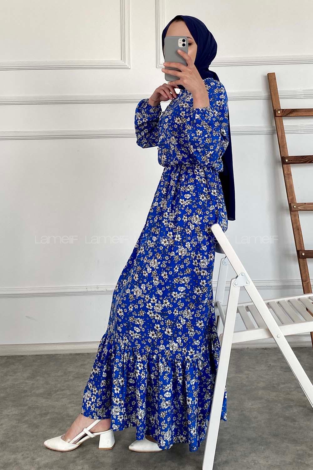 Modalamelif Beli Lastikli Papatya Desen Elbise Mavi