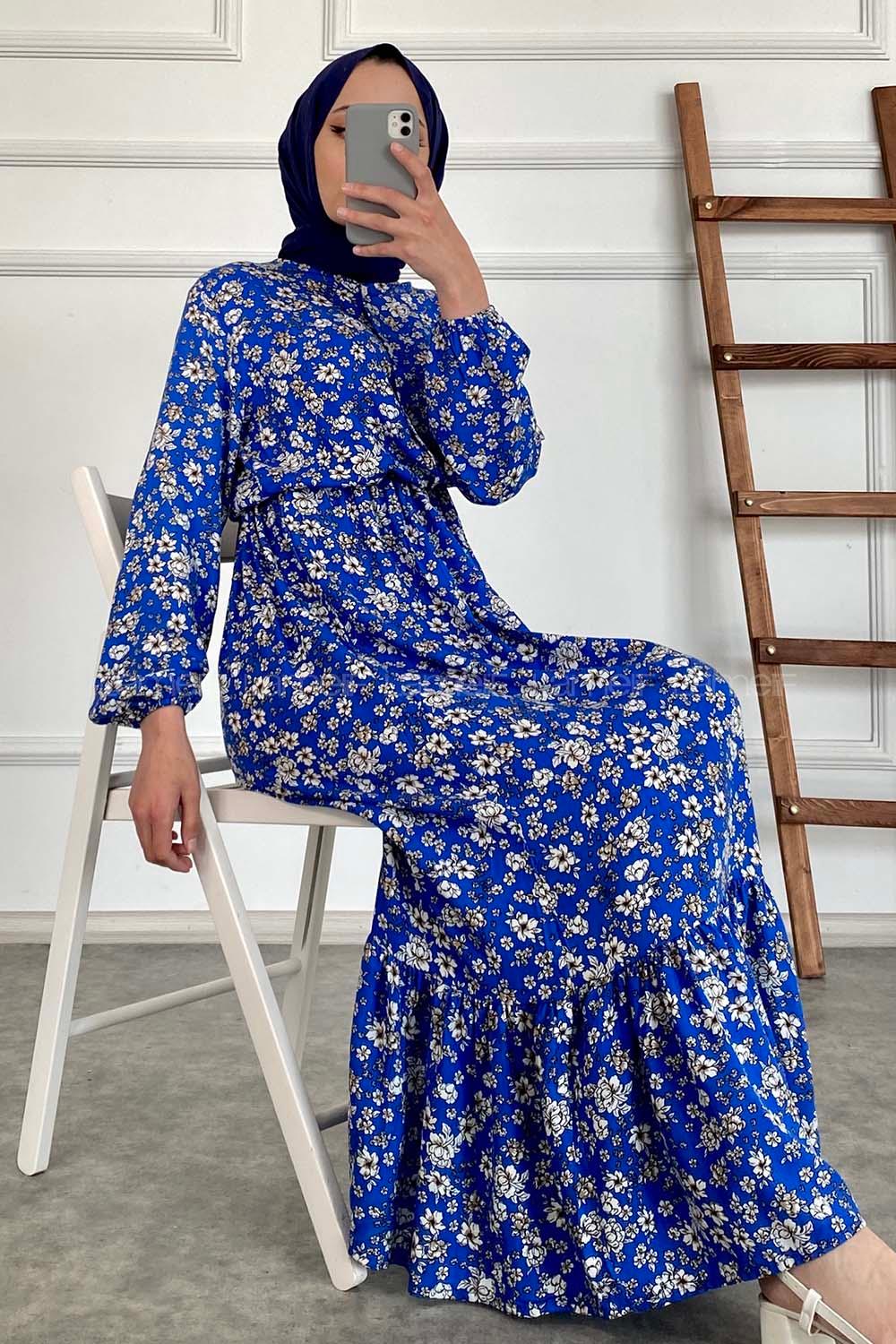 Modalamelif Beli Lastikli Papatya Desen Elbise Mavi