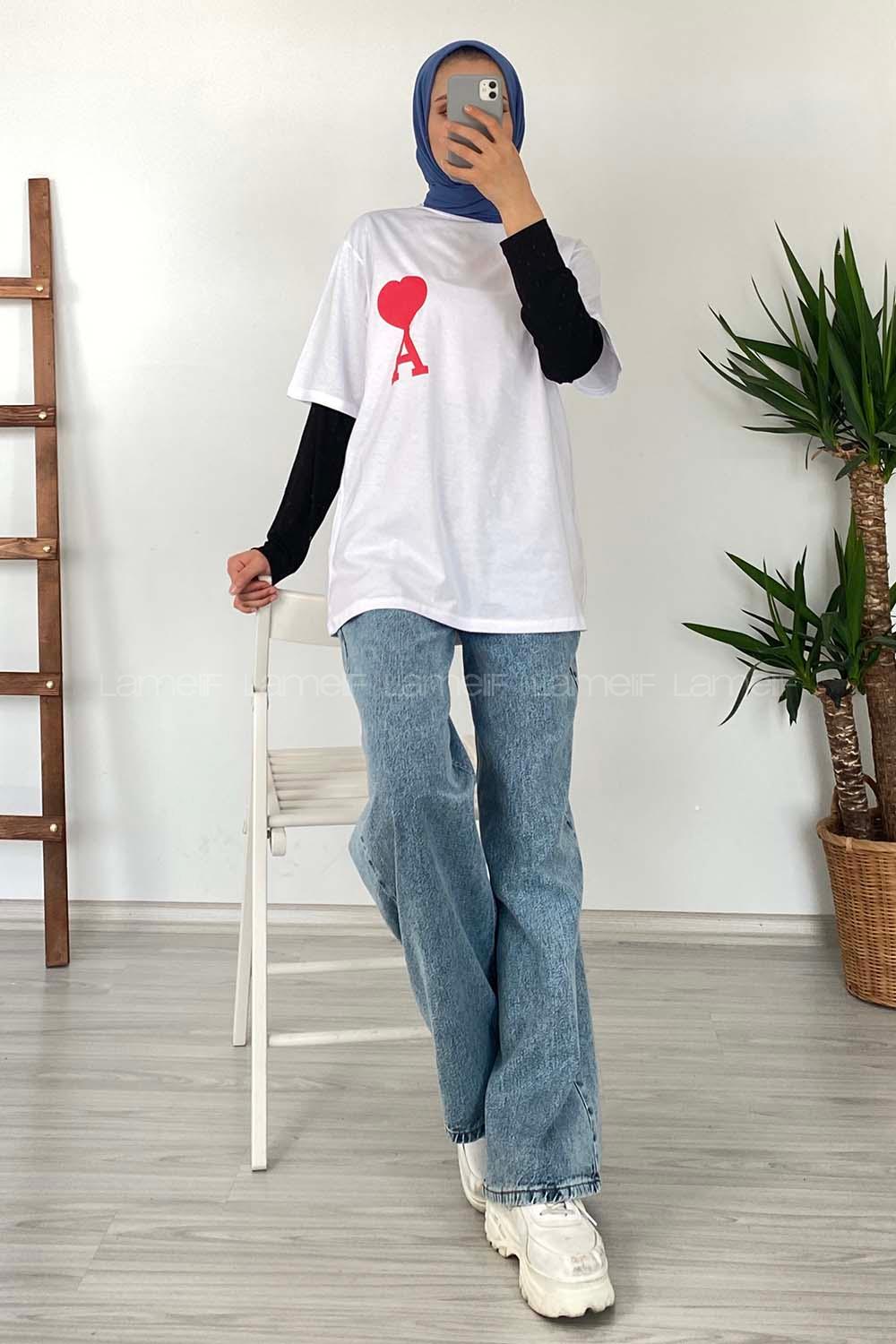 Modalamelif Bisiklet Yaka Kalpli T-Shirt Beyaz