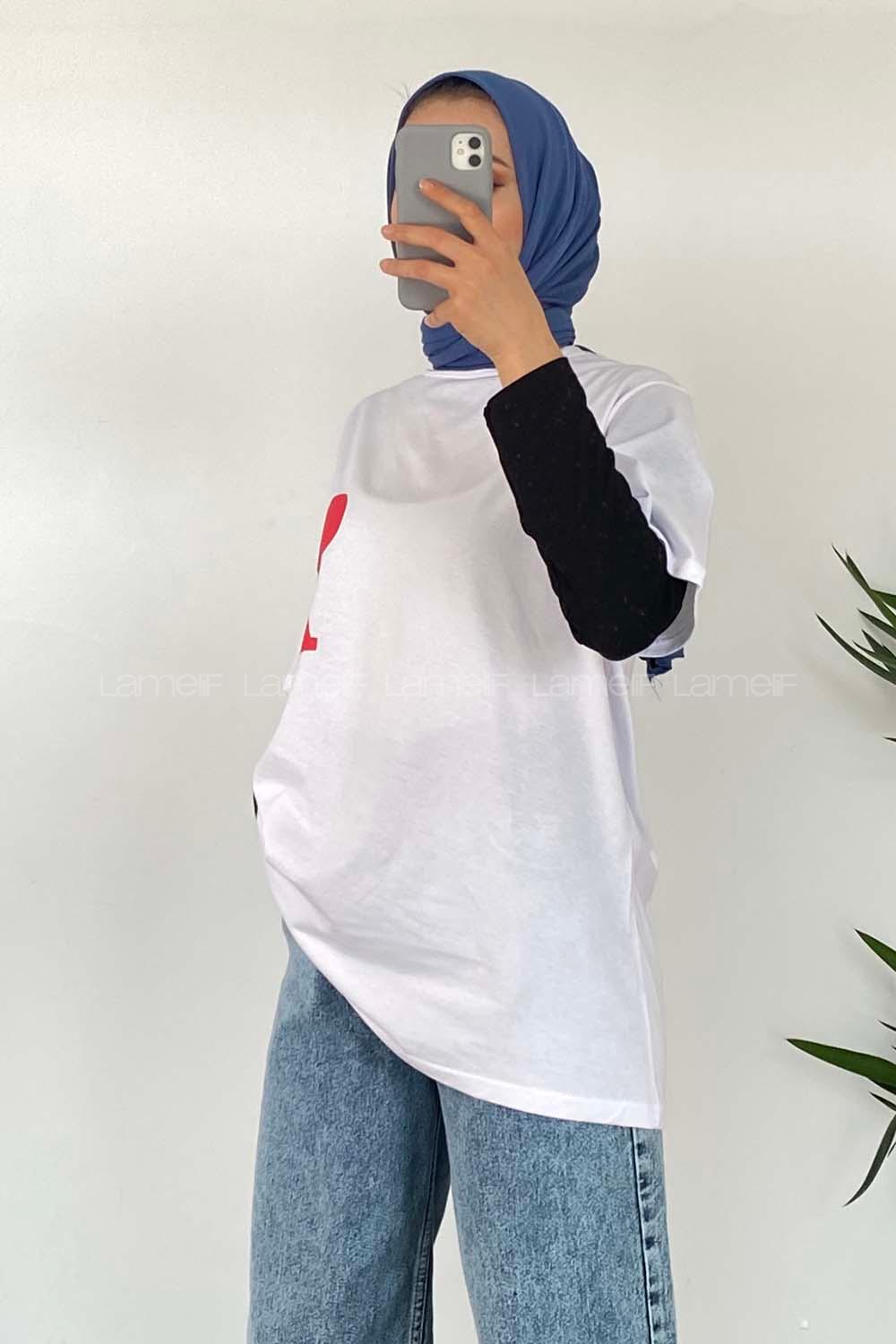 Modalamelif Bisiklet Yaka Kalpli T-Shirt Beyaz