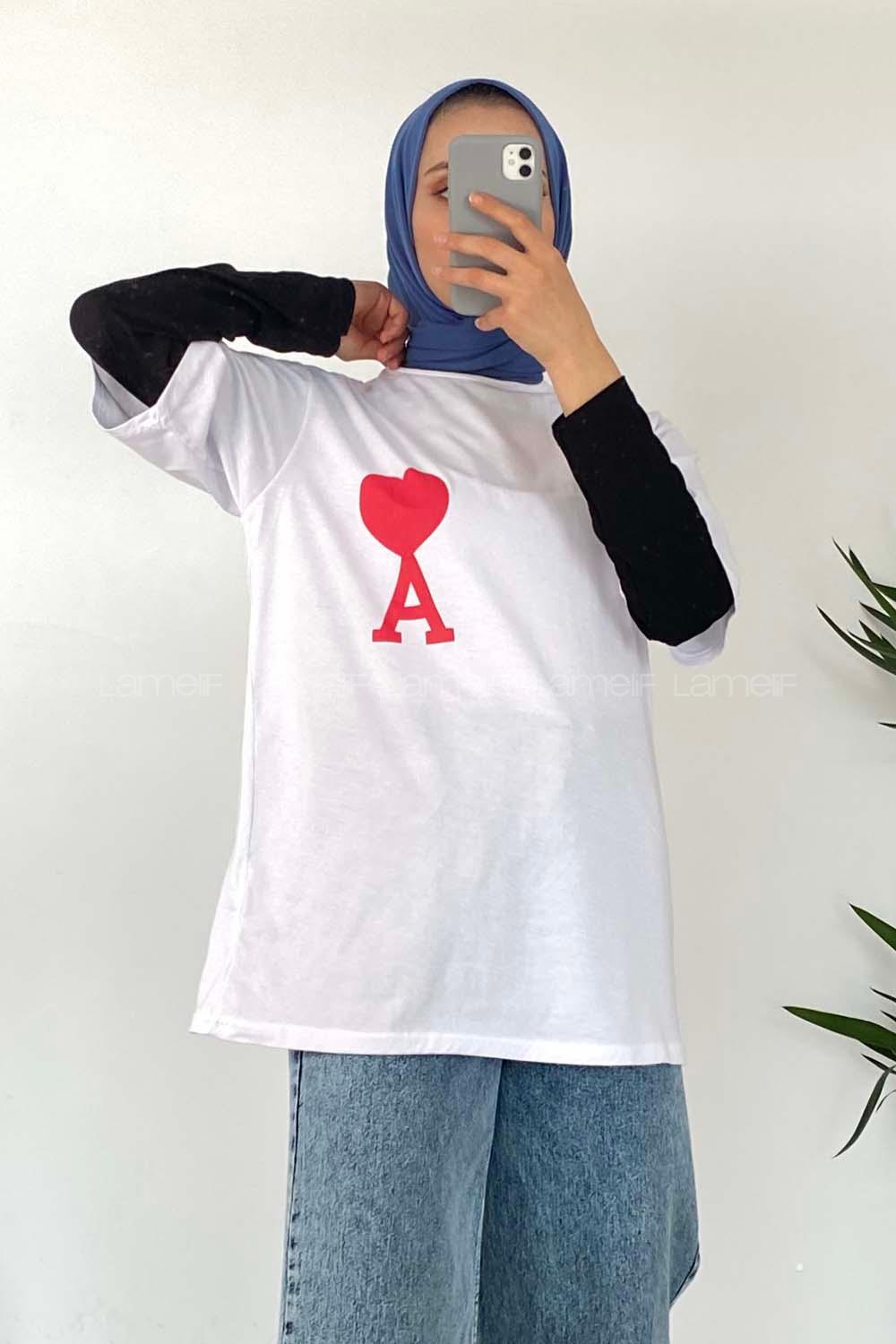 Modalamelif Bisiklet Yaka Kalpli T-Shirt Beyaz