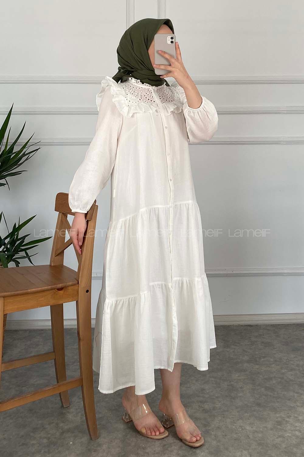 Modalamelif Brode Detaylı Keten Elbise Ekru