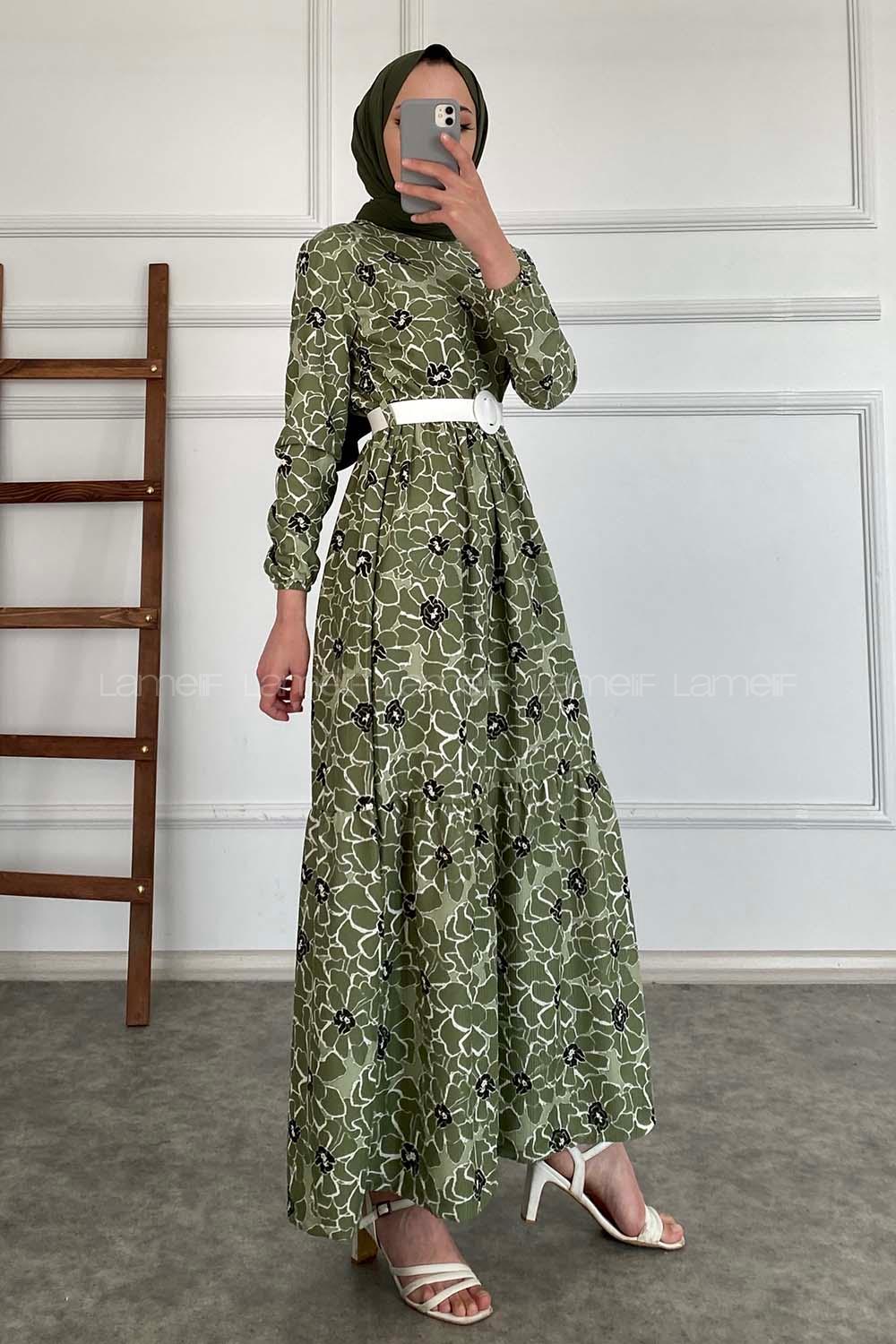 Modalamelif Çiçek Desen Kemerli Pegasus Elbise Çağla