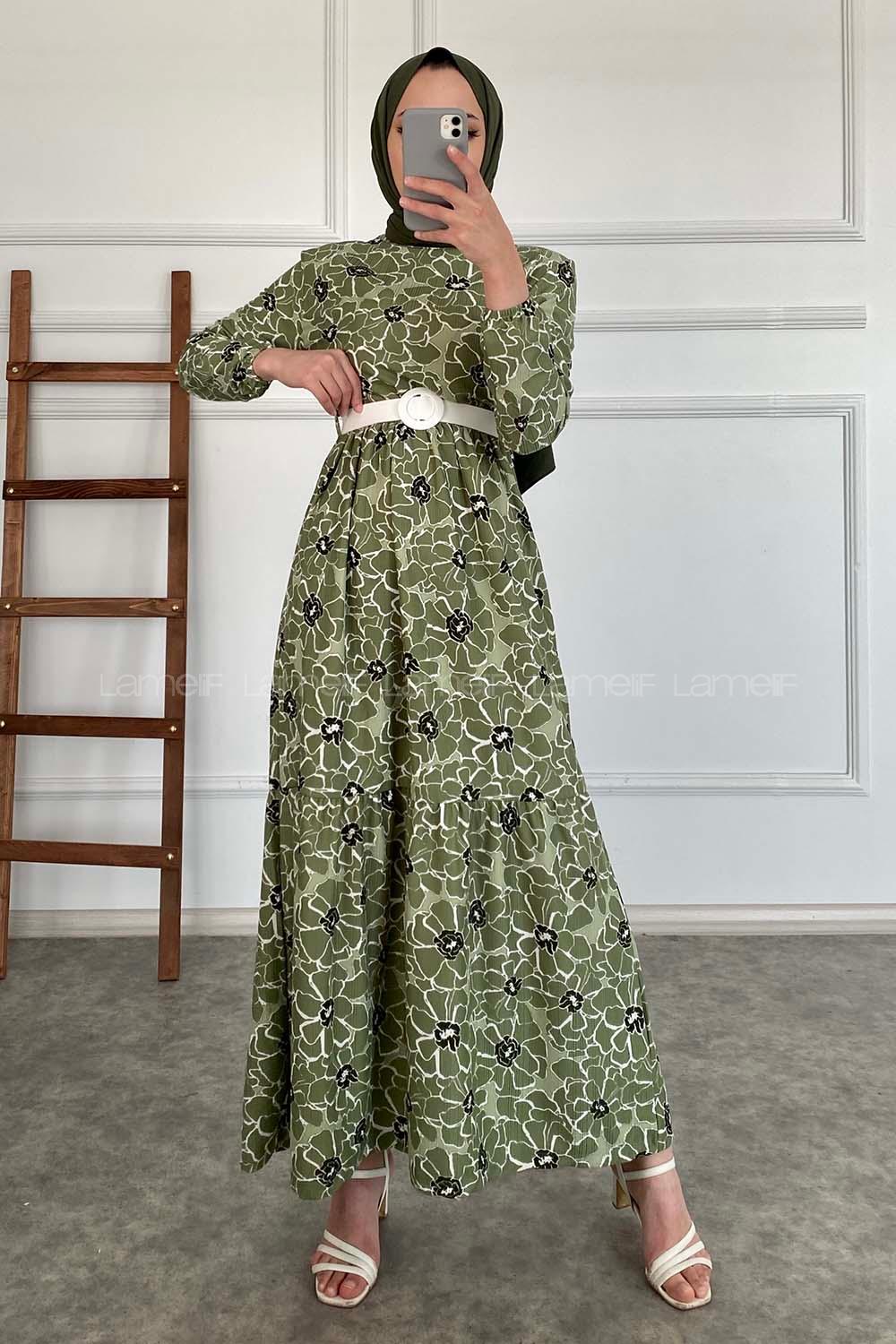 Modalamelif Çiçek Desen Kemerli Pegasus Elbise Çağla