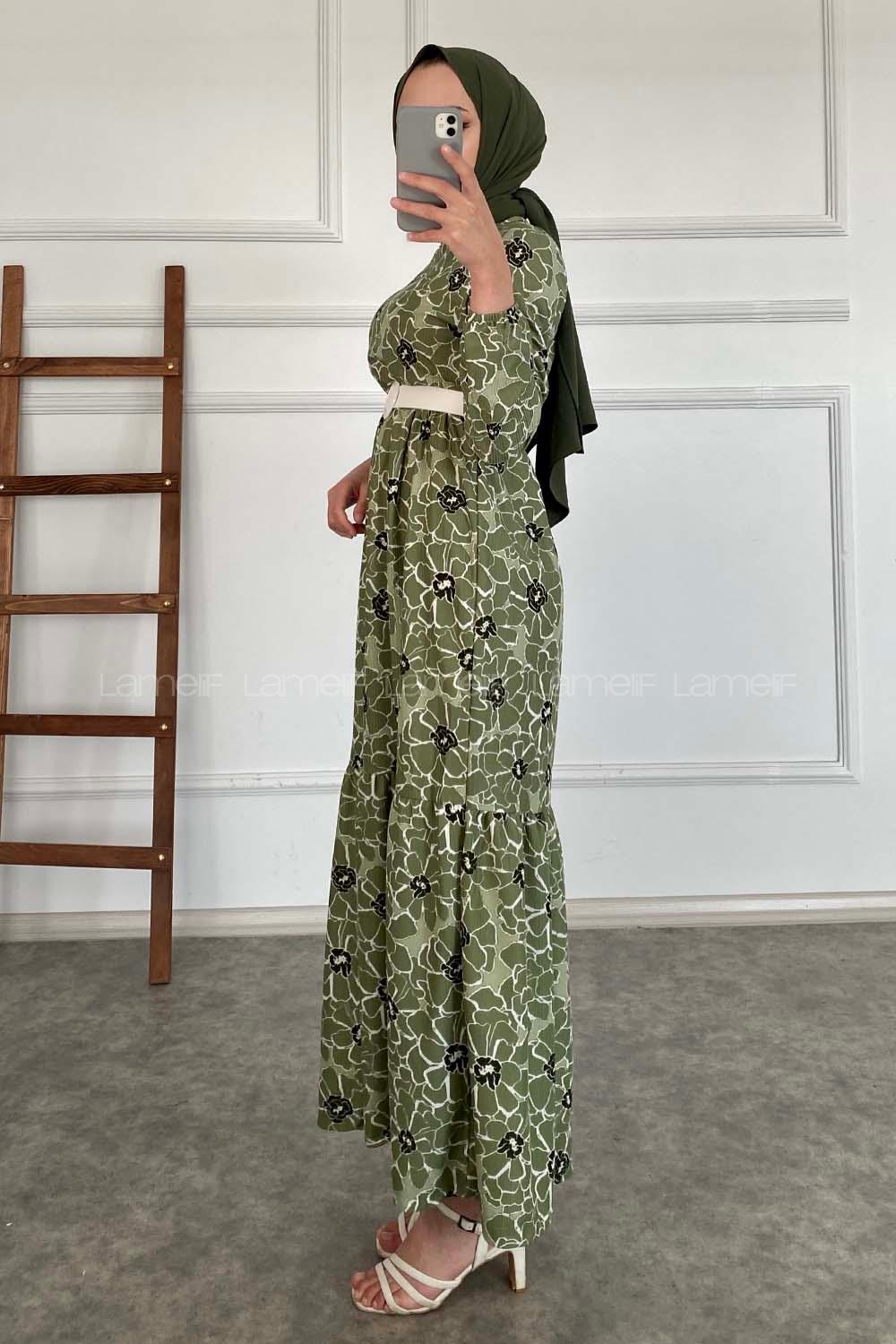 Modalamelif Çiçek Desen Kemerli Pegasus Elbise Çağla