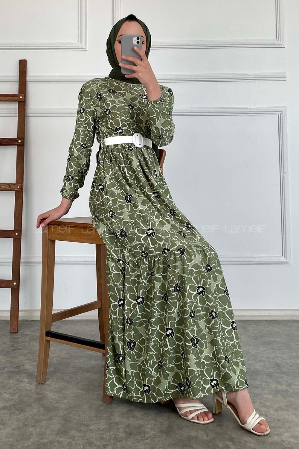 Modalamelif Çiçek Desen Kemerli Pegasus Elbise Çağla