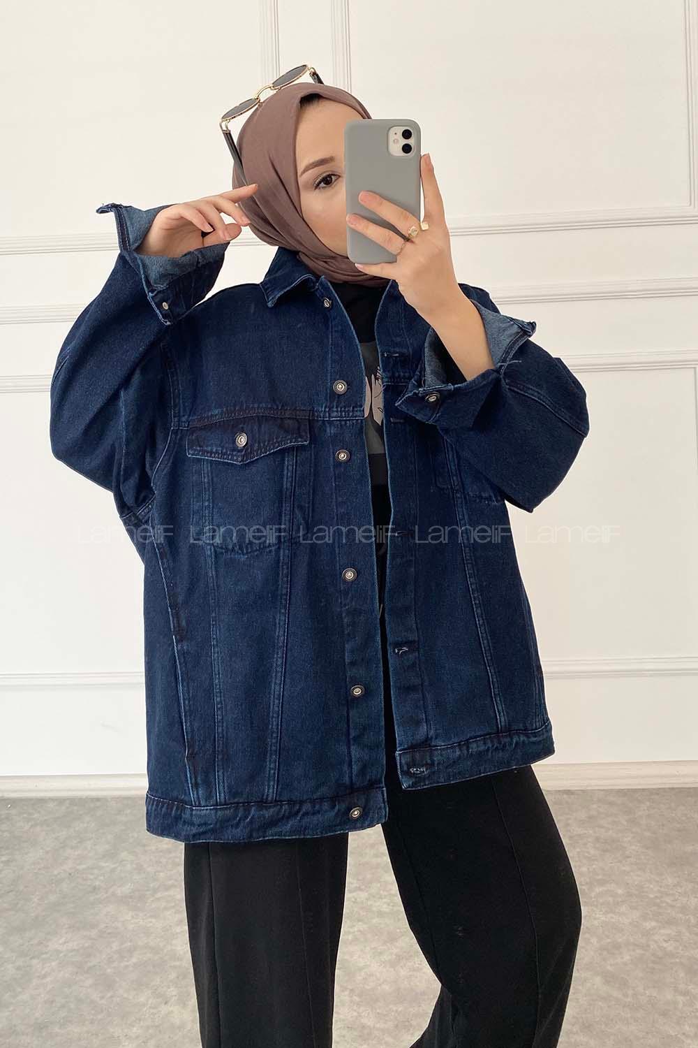 Dark Blue Shirt Collar Long Arm Cotton Fabric Denim Jacket