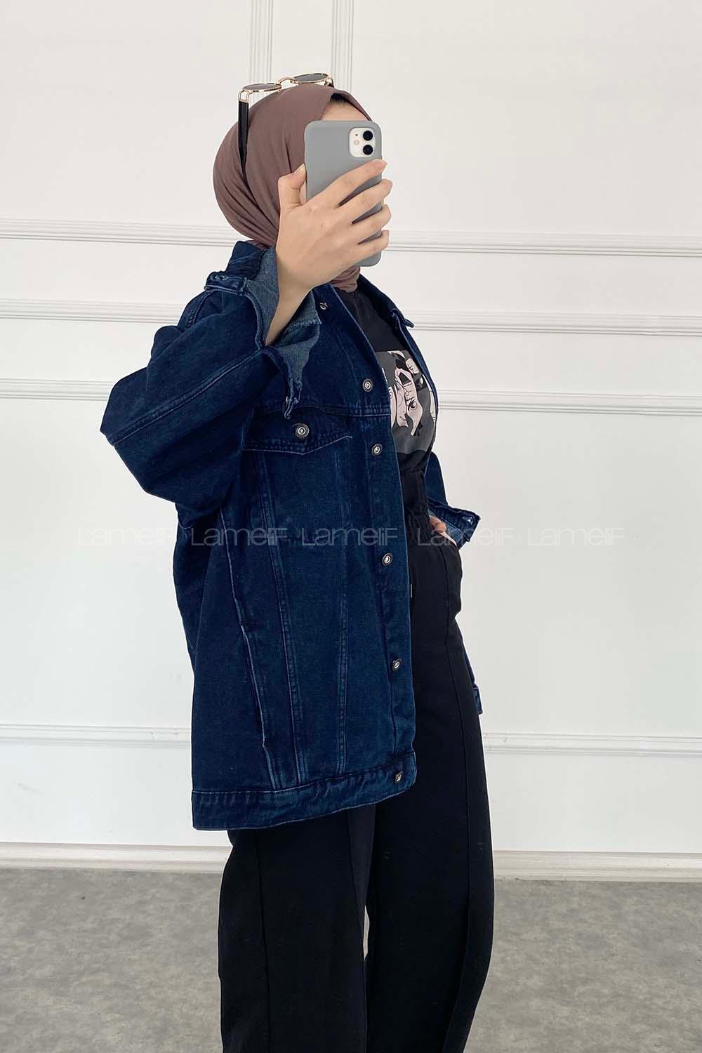 Dark Blue Shirt Collar Long Arm Cotton Fabric Denim Jacket