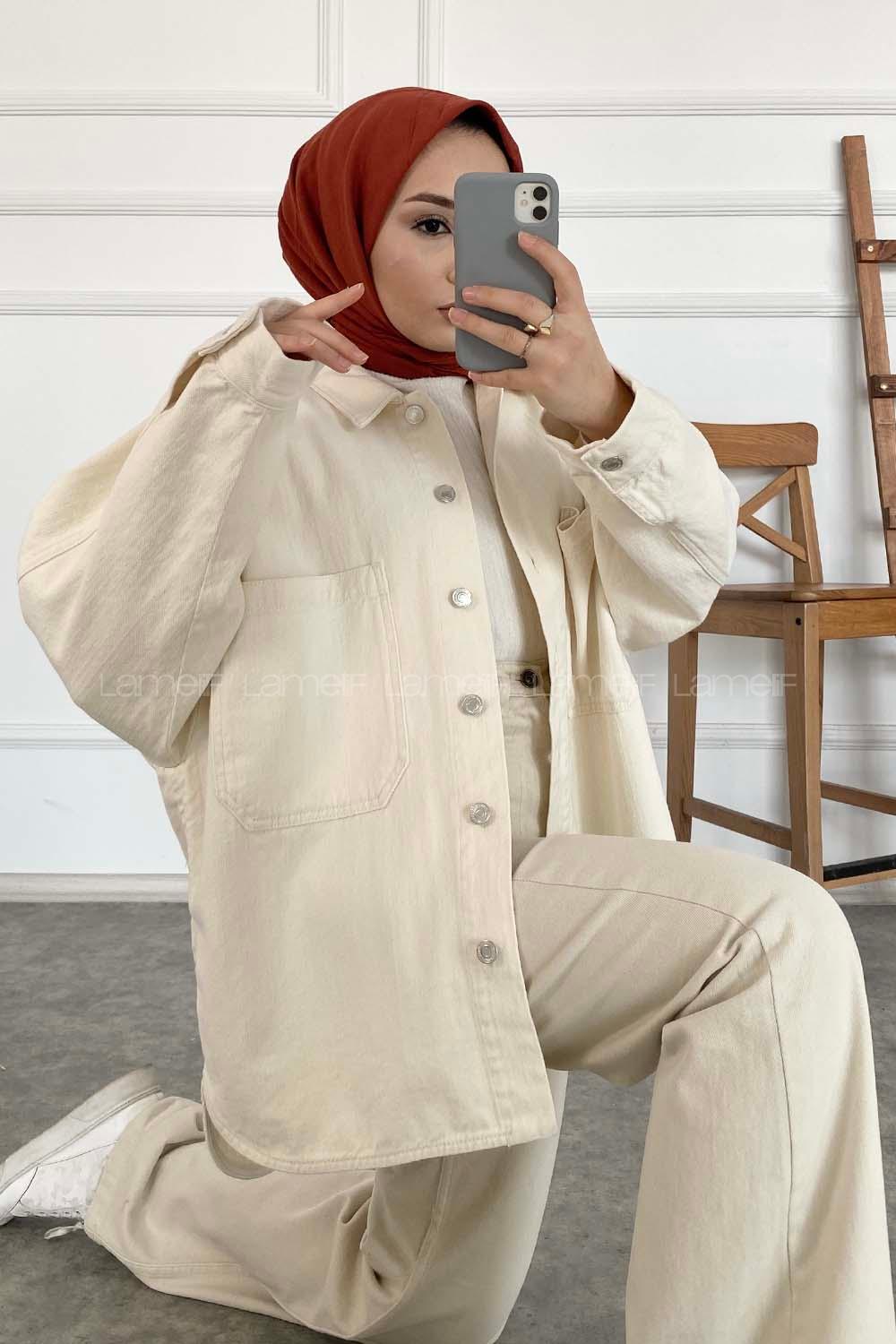 Modalamelif Çift Cepli Oversize Ceket Taş