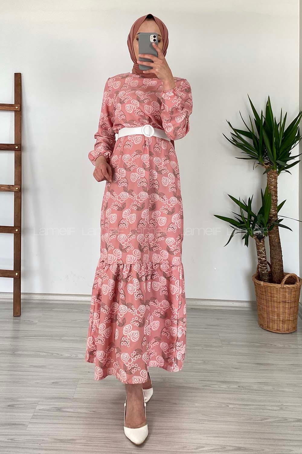 Modalamelif Deri Kemerli Desenli Elbise Gül