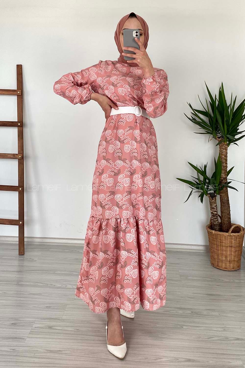 Modalamelif Deri Kemerli Desenli Elbise Gül