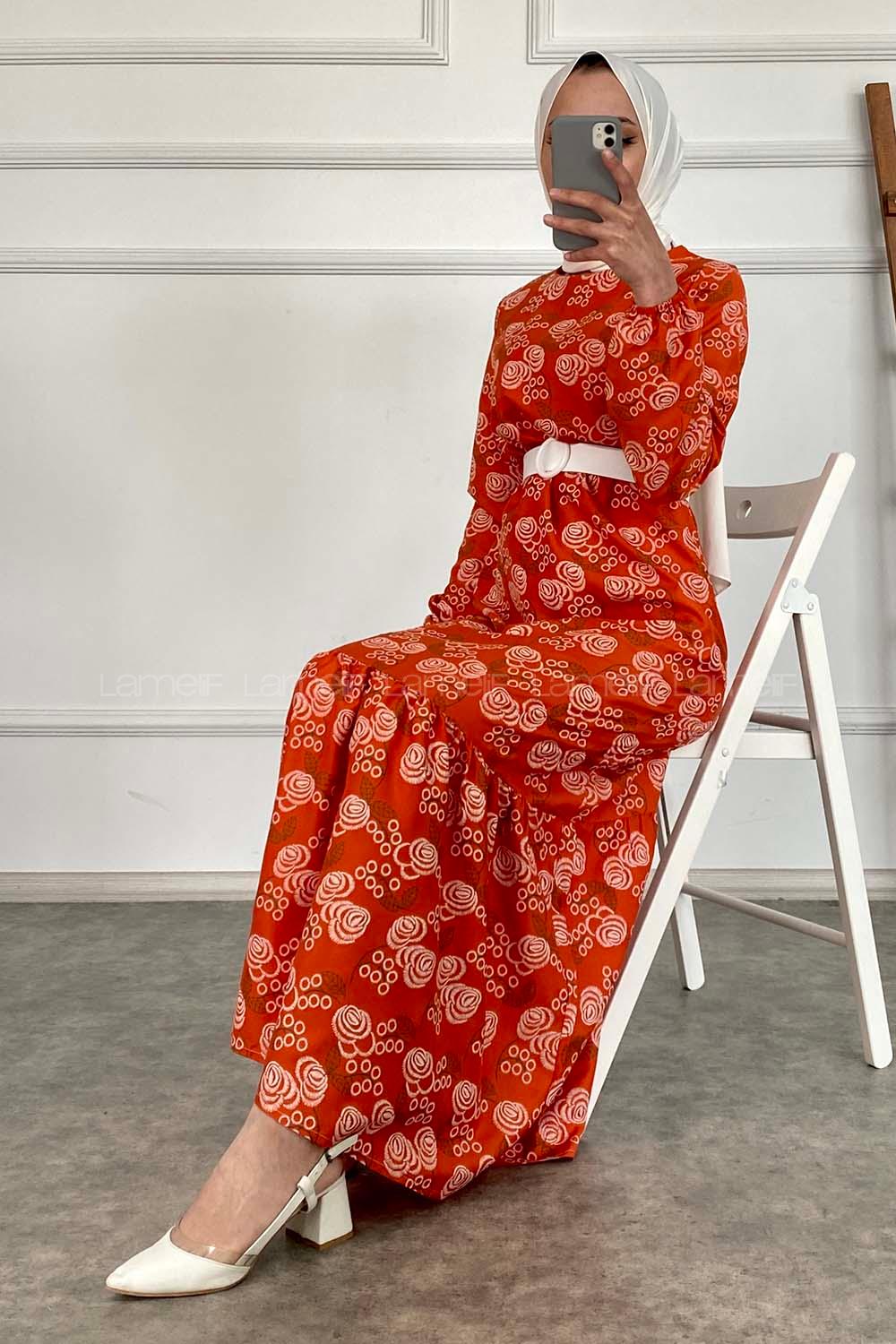 Modalamelif Deri Kemerli Desenli Elbise Oranj