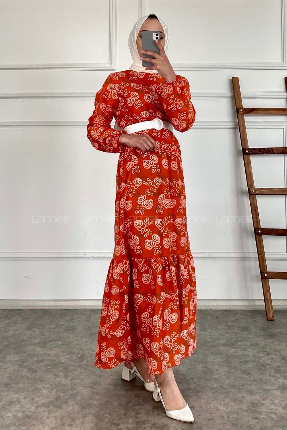 Modalamelif Deri Kemerli Desenli Elbise Oranj