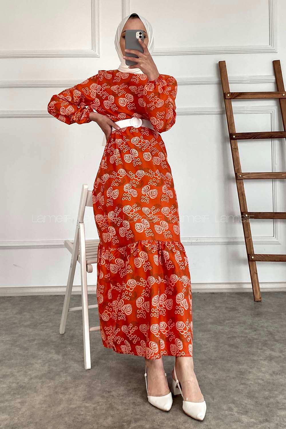 Modalamelif Deri Kemerli Desenli Elbise Oranj