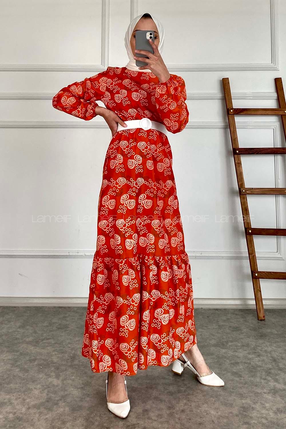 Modalamelif Deri Kemerli Desenli Elbise Oranj