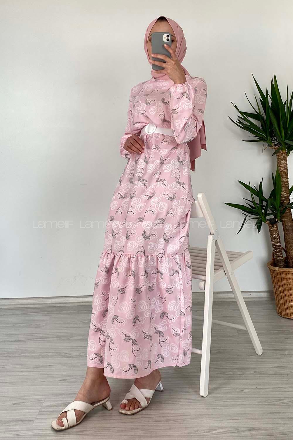 Modalamelif Deri Kemerli Desenli Elbise Pudra