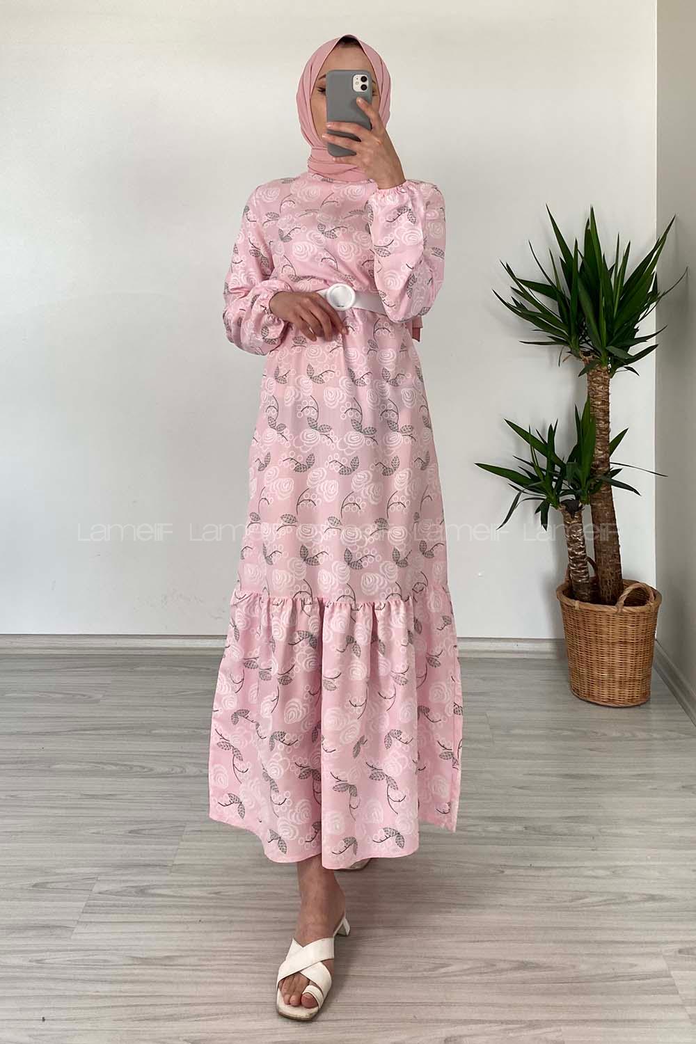 Modalamelif Deri Kemerli Desenli Elbise Pudra