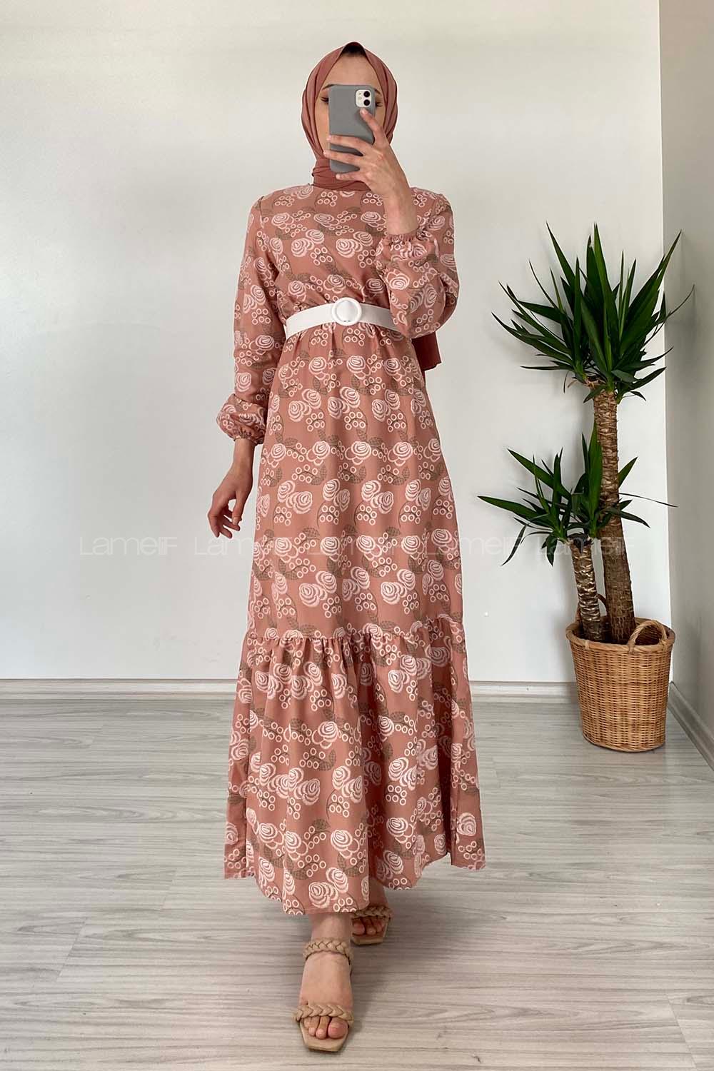 Modalamelif Deri Kemerli Desenli Elbise Soft Pudra