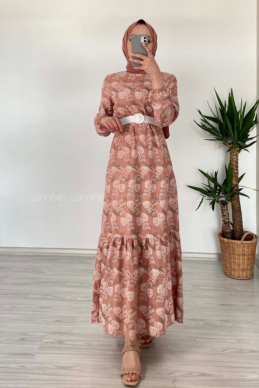 Modalamelif Deri Kemerli Desenli Elbise Soft Pudra