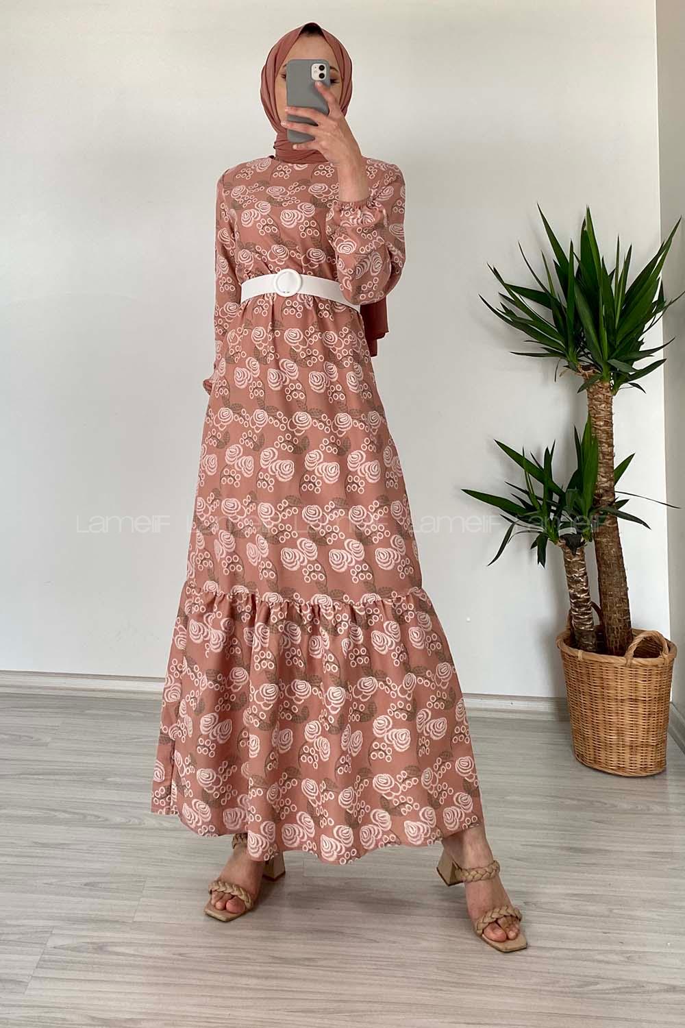 Modalamelif Deri Kemerli Desenli Elbise Soft Pudra