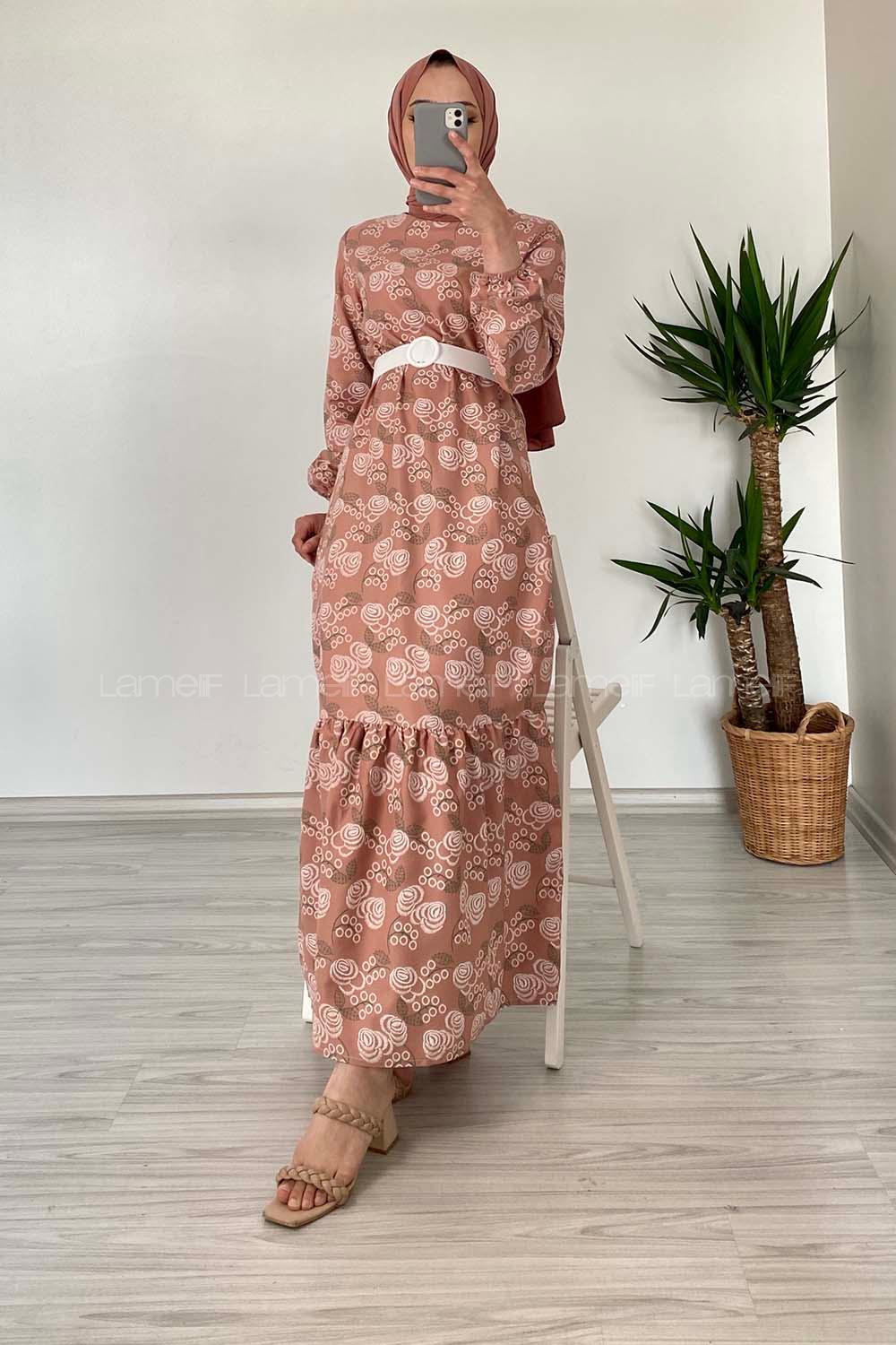 Modalamelif Deri Kemerli Desenli Elbise Soft Pudra