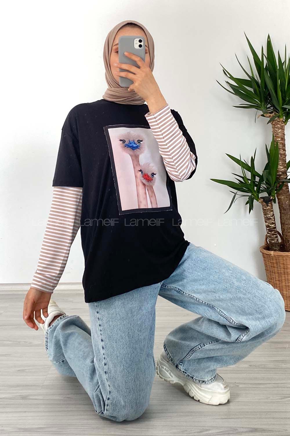 Modalamelif Deve Kuşu Baskılı Oversize T-Shirt Siyah