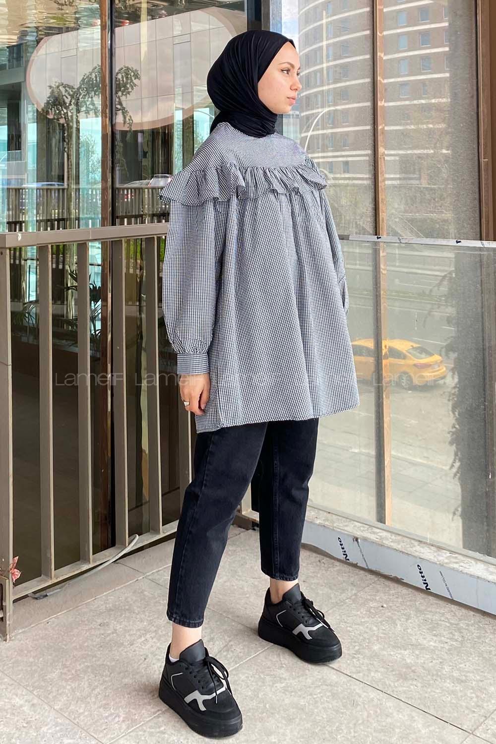 Modalamelif Ekose Büzgülü Tunik Siyah