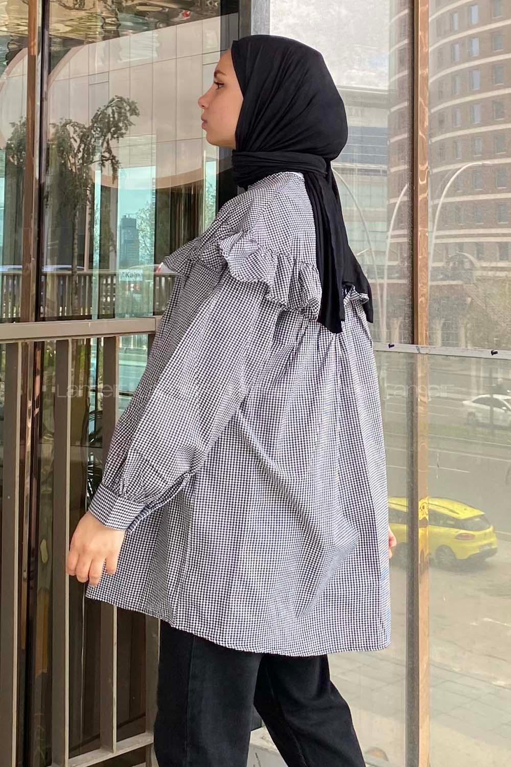 Modalamelif Ekose Büzgülü Tunik Siyah