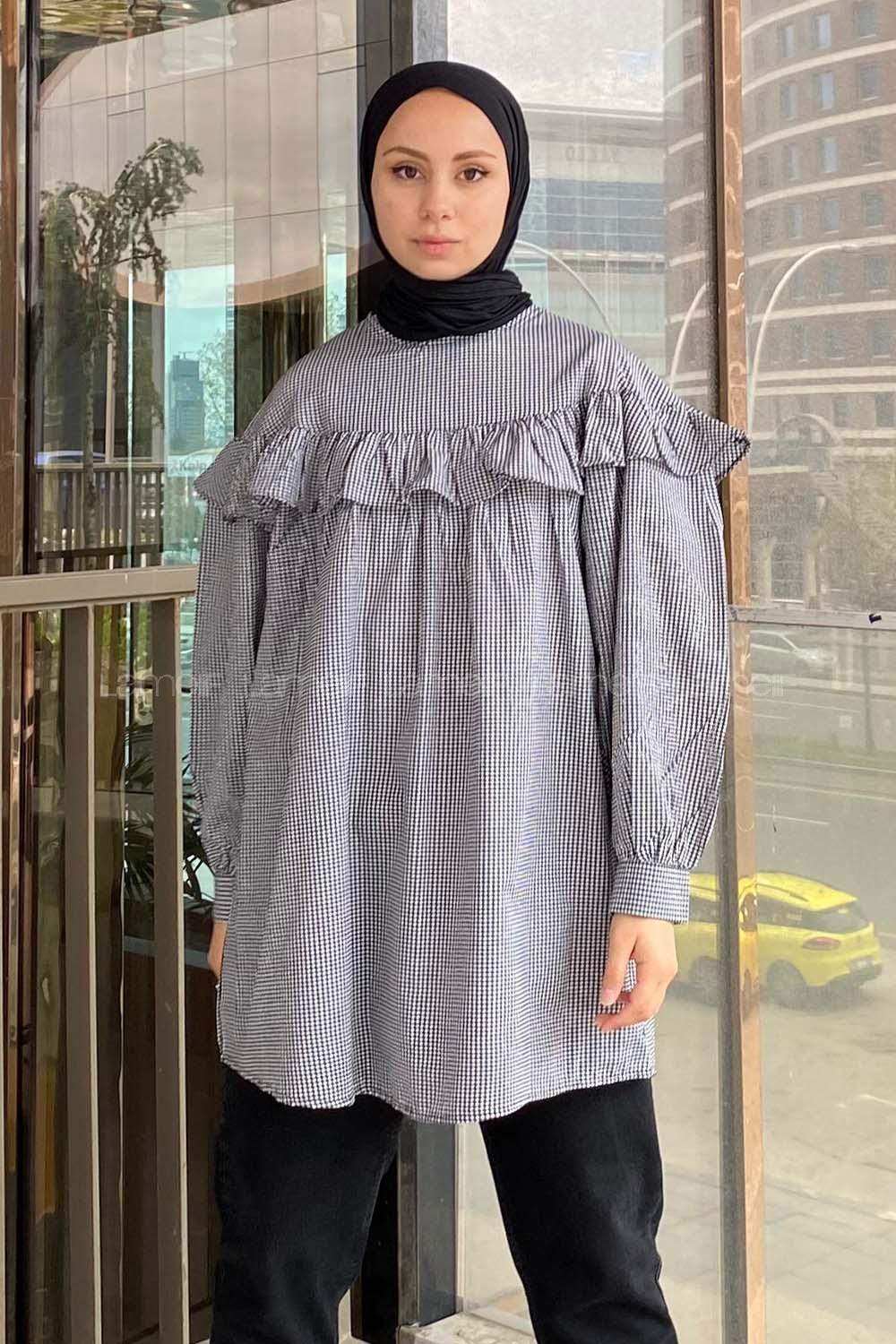 Modalamelif Ekose Büzgülü Tunik Siyah