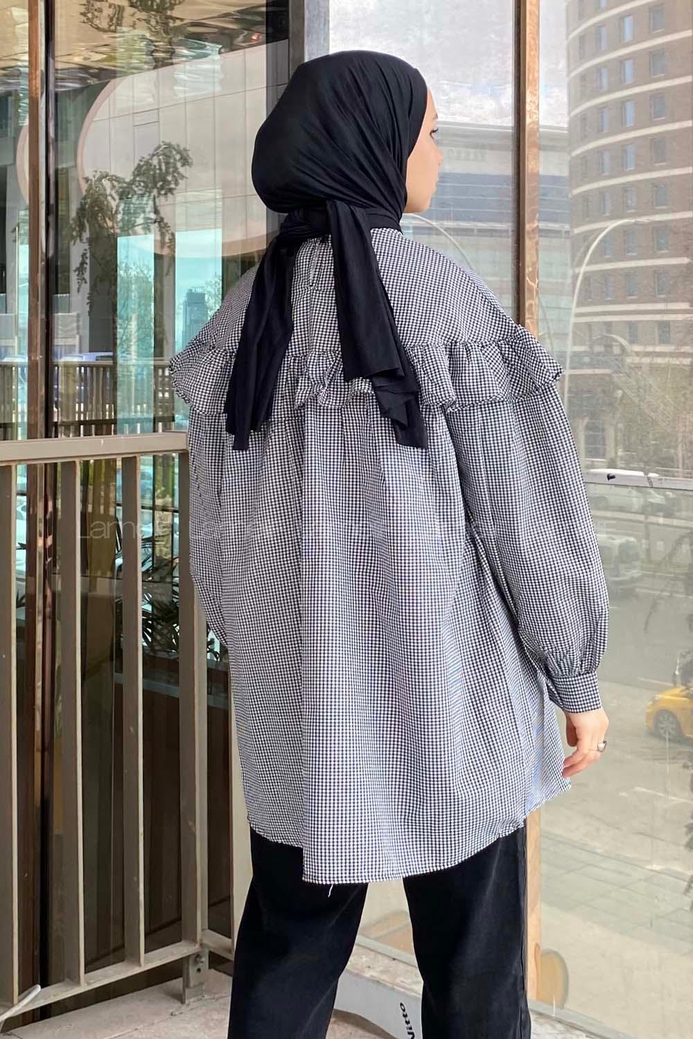 Modalamelif Ekose Büzgülü Tunik Siyah