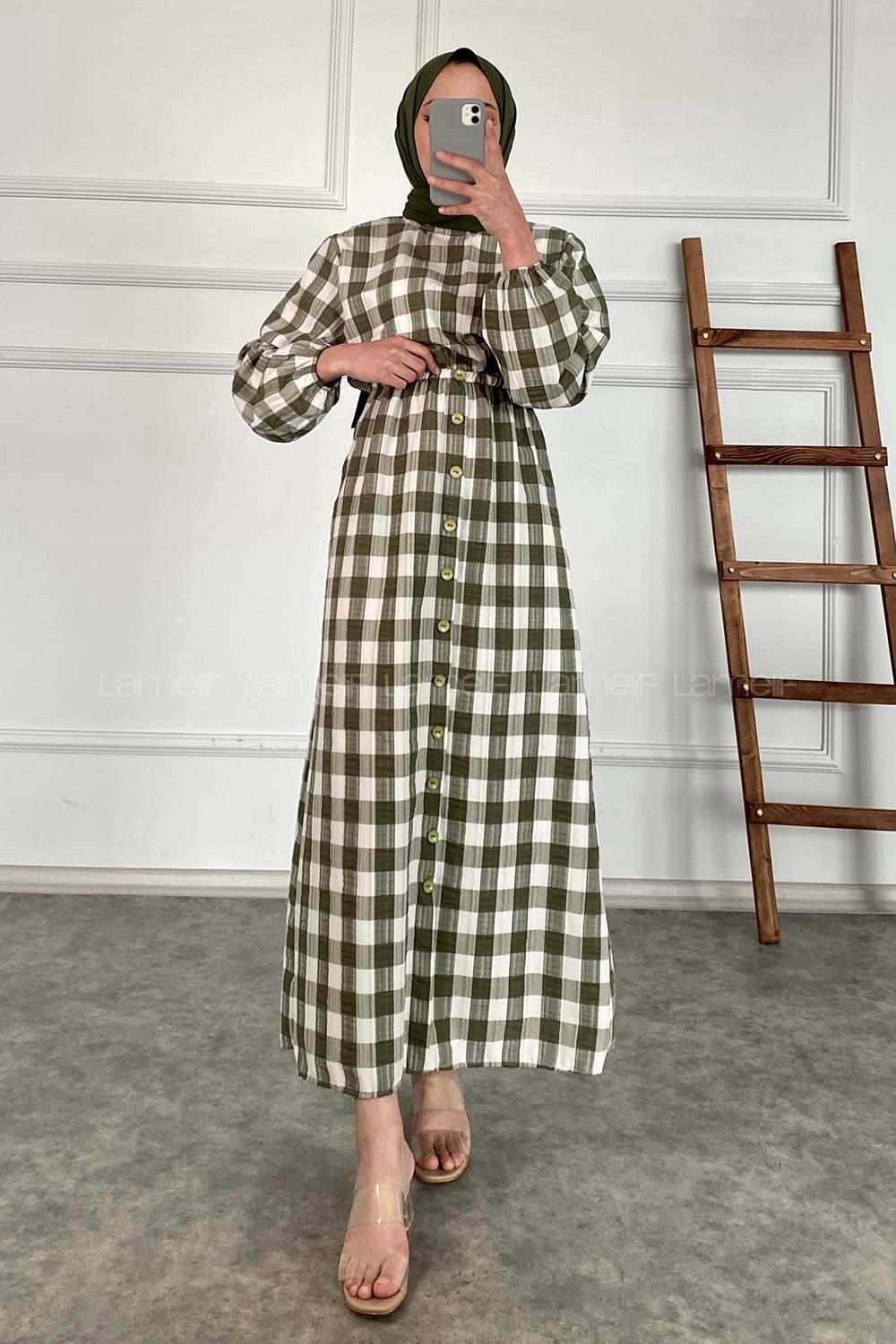 Modalamelif Eteği Dümeli Kareli Gofre Elbise Haki