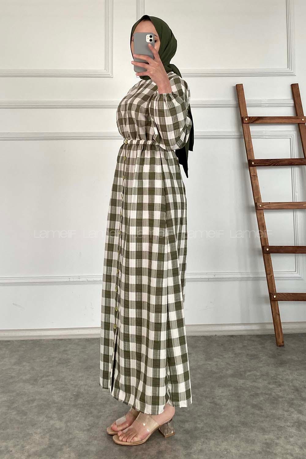 Modalamelif Eteği Dümeli Kareli Gofre Elbise Haki