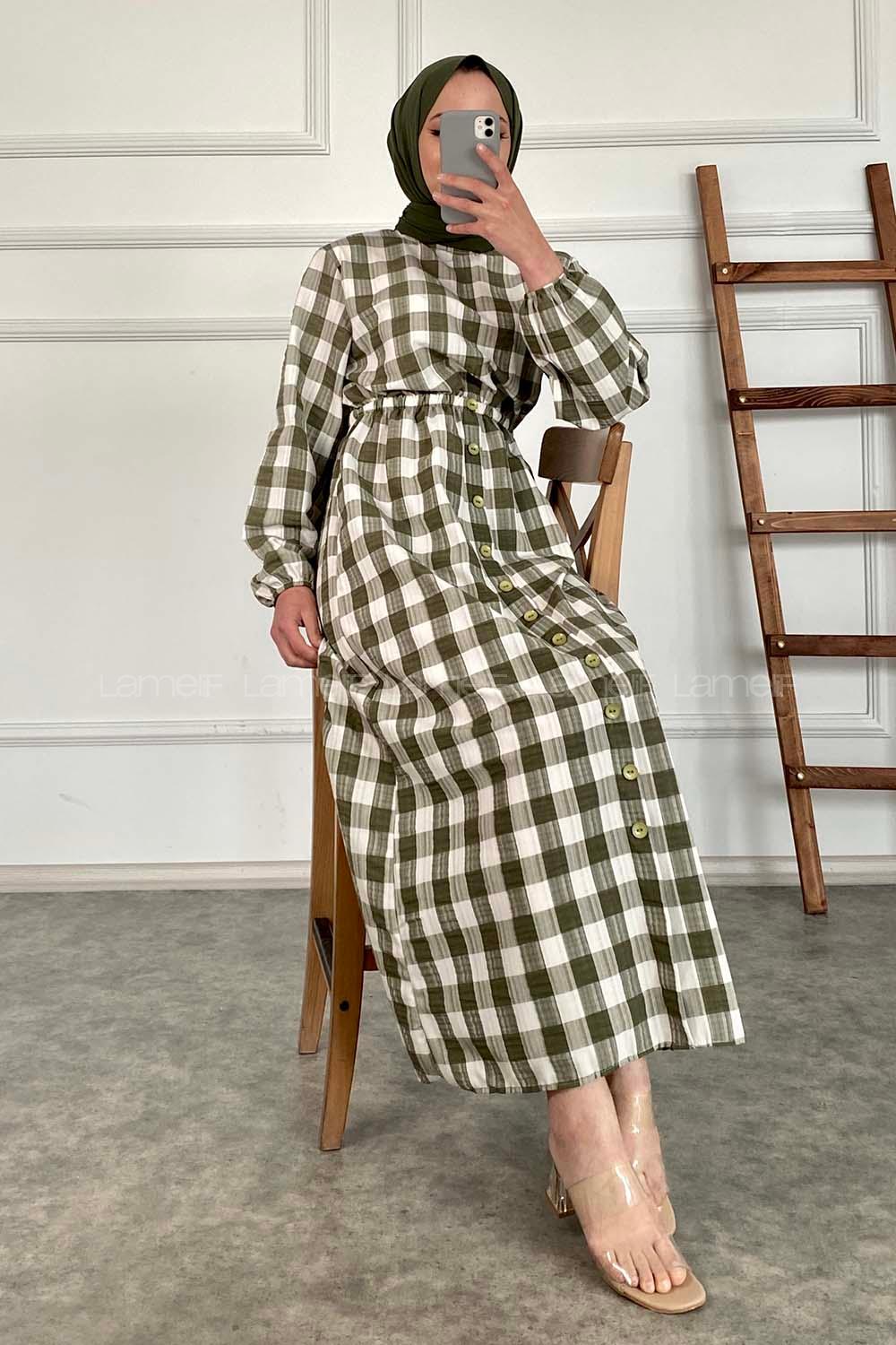 Modalamelif Eteği Dümeli Kareli Gofre Elbise Haki