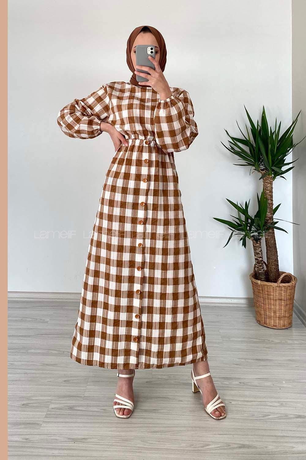 Modalamelif Eteği Dümeli Kareli Gofre Elbise Taba