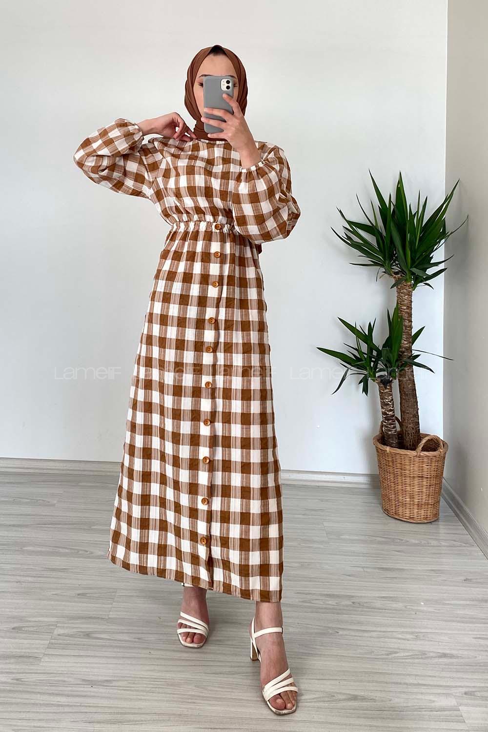 Modalamelif Eteği Dümeli Kareli Gofre Elbise Taba