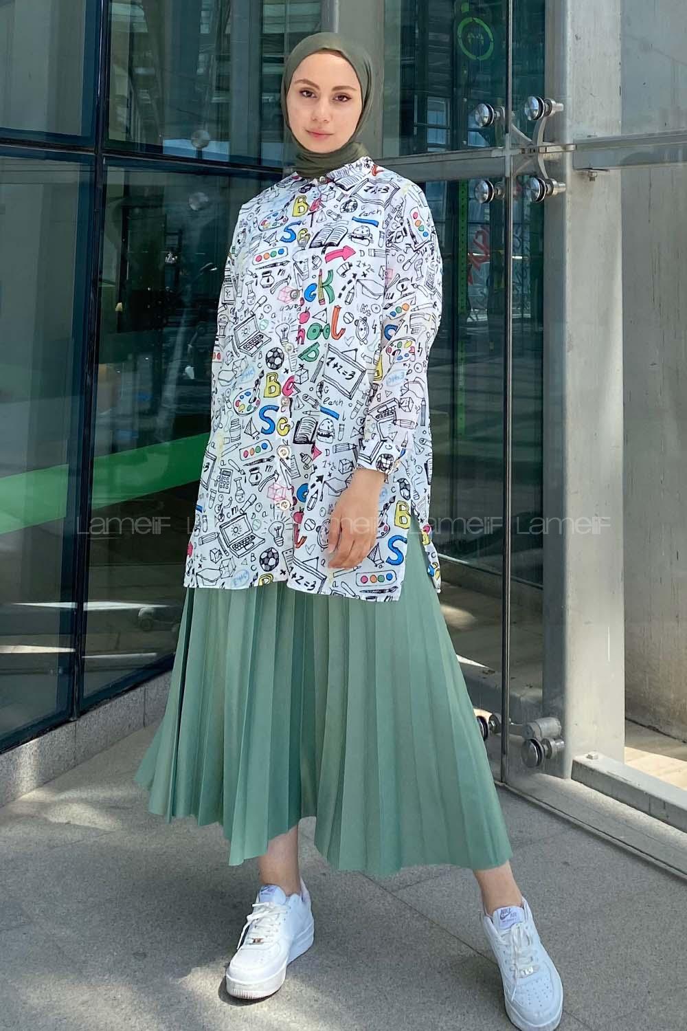 Modalamelif Geometrik Desen Dijital Baskı Gömlek Ekru