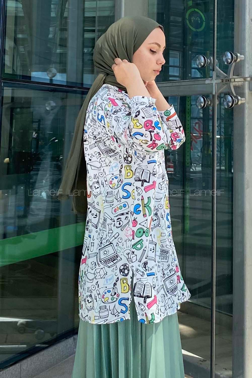 Modalamelif Geometrik Desen Dijital Baskı Gömlek Ekru