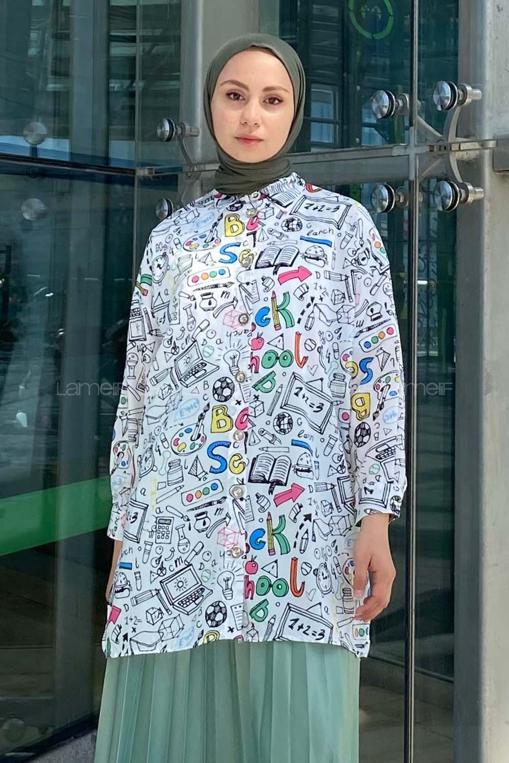 Modalamelif Geometrik Desen Dijital Baskı Gömlek Ekru