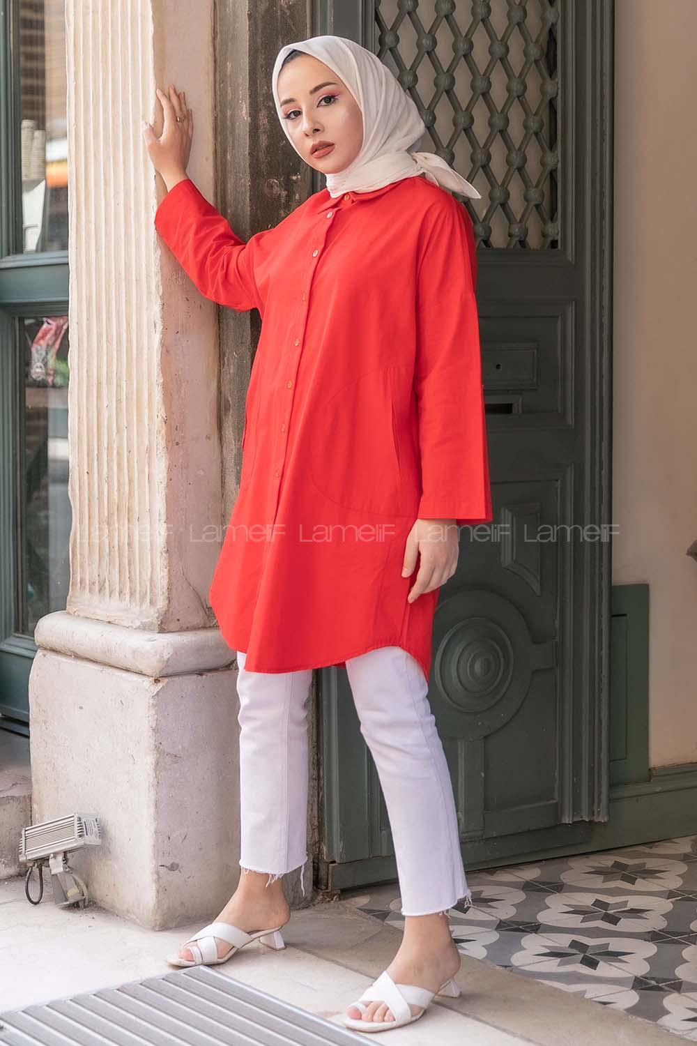 Modalamelif Gizli Cep Düşük Kol Gömlek Kırmızı