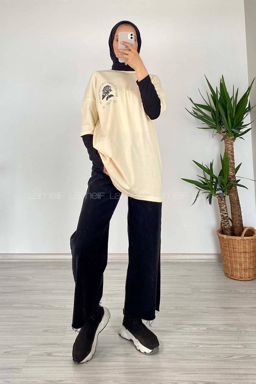 Modalamelif Gül Baskılı T-Shirt Bej