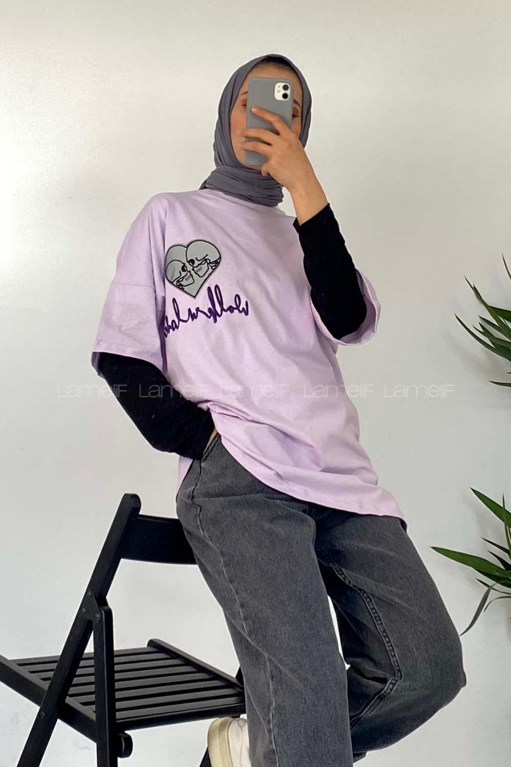 Modalamelif Kalp Nakışlı T-Shirt Lila