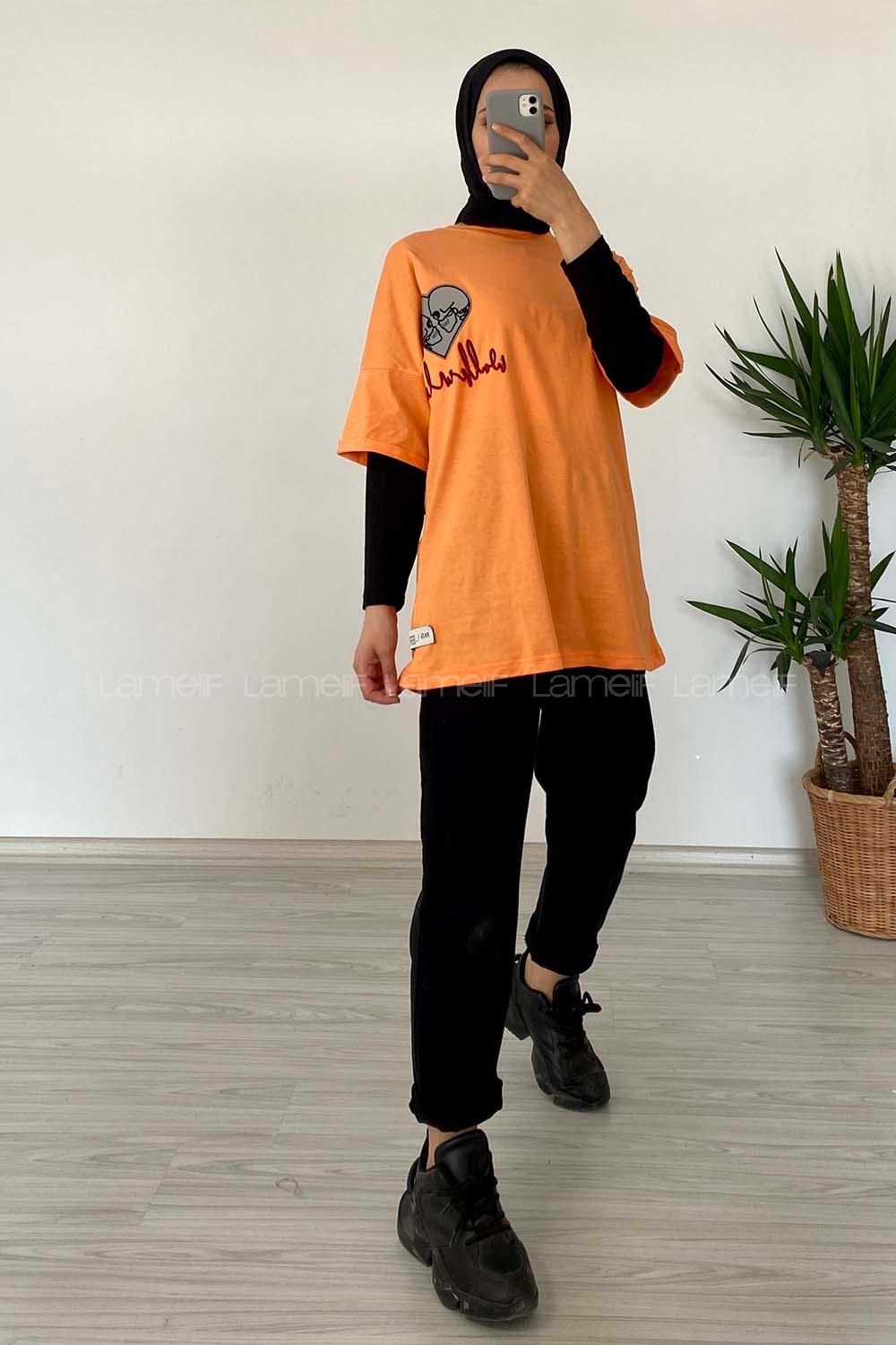 Modalamelif Kalp Nakışlı T-Shirt Oranj